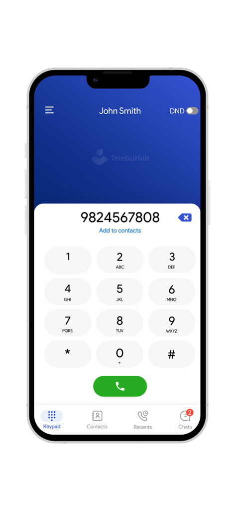 TelebuHub - TelebuHub app showing the VoIP dialer keypad and business calling interface