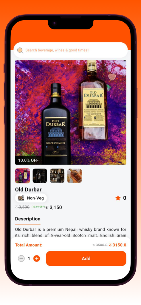 Mapasey - Interfaz de la aplicación Mapasey que muestra la página del producto de whisky Old Durbar con descuento y opciones de entrega en Nepal.