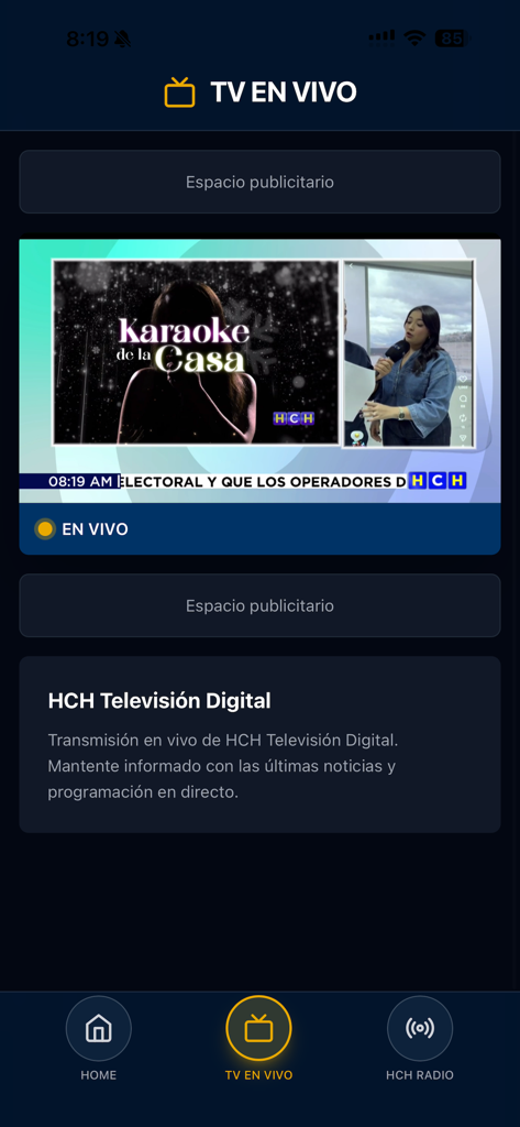 The HCH TV app interface displaying a live video stream of a Honduran entertainment program.