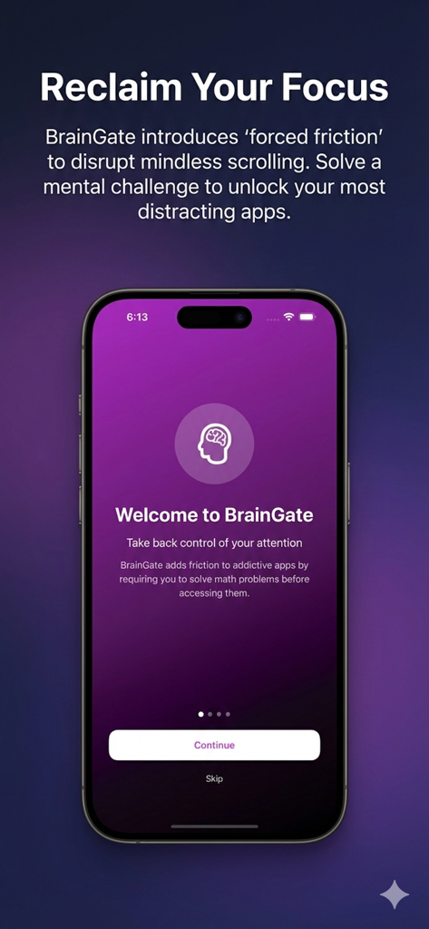 BrainGate: Focus Math Blocker - Pantalla de bienvenida de la aplicación BrainGate en un iPhone que promueve la concentración bloqueando aplicaciones que distraen con desafíos matemáticos
