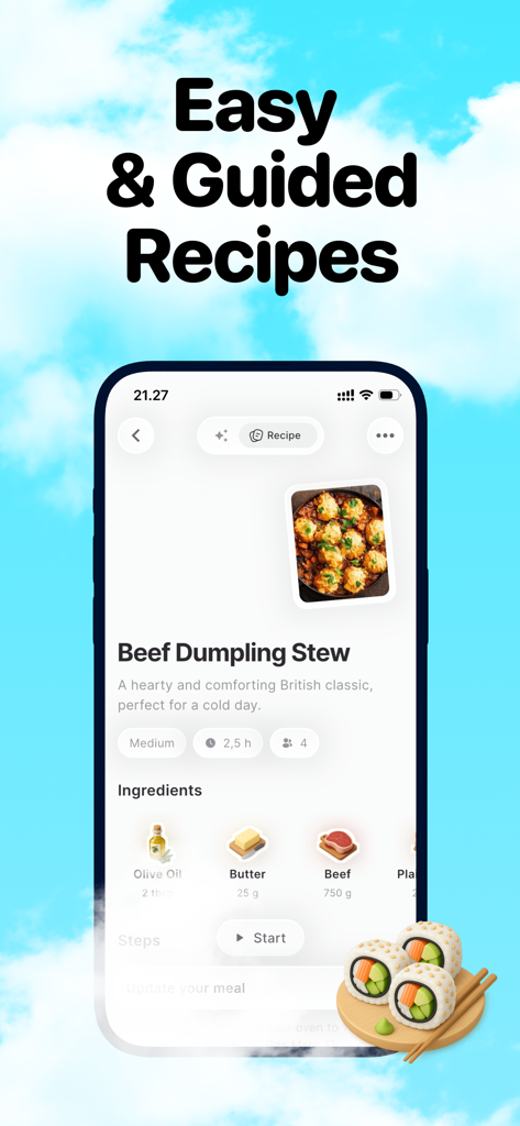 Culin: AI Recipes & Cooking - Culin app screen displaying a guided Beef Dumpling Stew recipe with ingredient icons and difficulty details