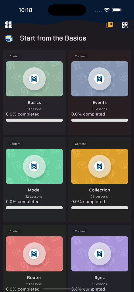 Learn Backbone.js Framework - Course curriculum screen showing learning modules for Backbone.js including Basics Events Model Collection Router and Sync