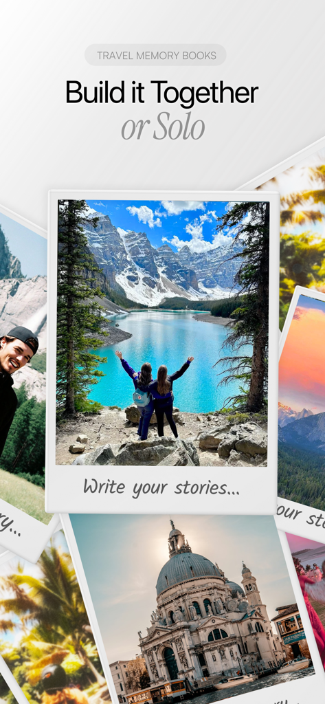 TripMemo | Travel Journal - A collection of polaroid style travel photos in the TripMemo app showcasing memory books that can be built solo or together