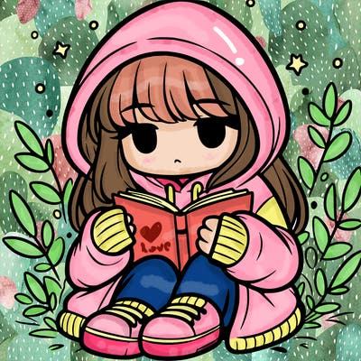 girl in oversized hoodie reading a book