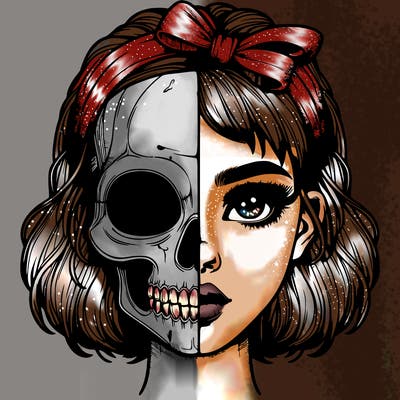 realistic girl with half skull mask
