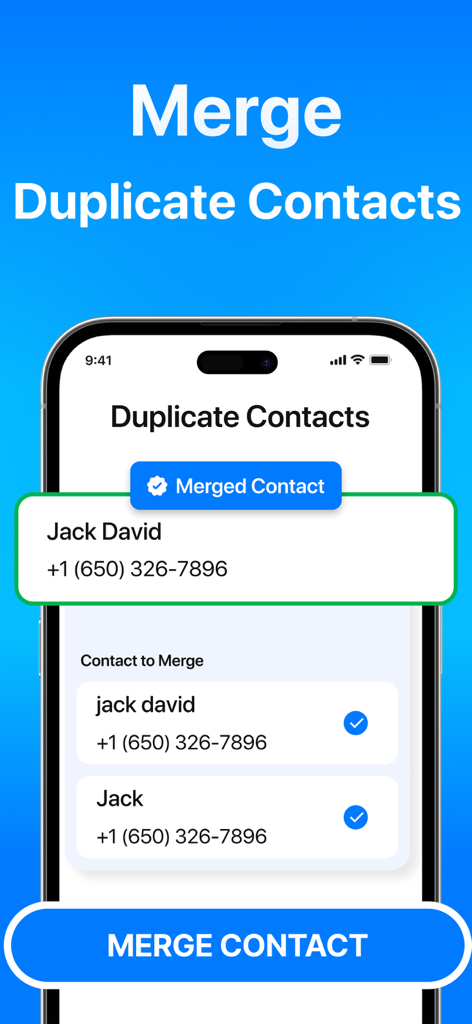 Screenshot of Safe Cleaner app showing the feature to merge duplicate contacts on an iPhone