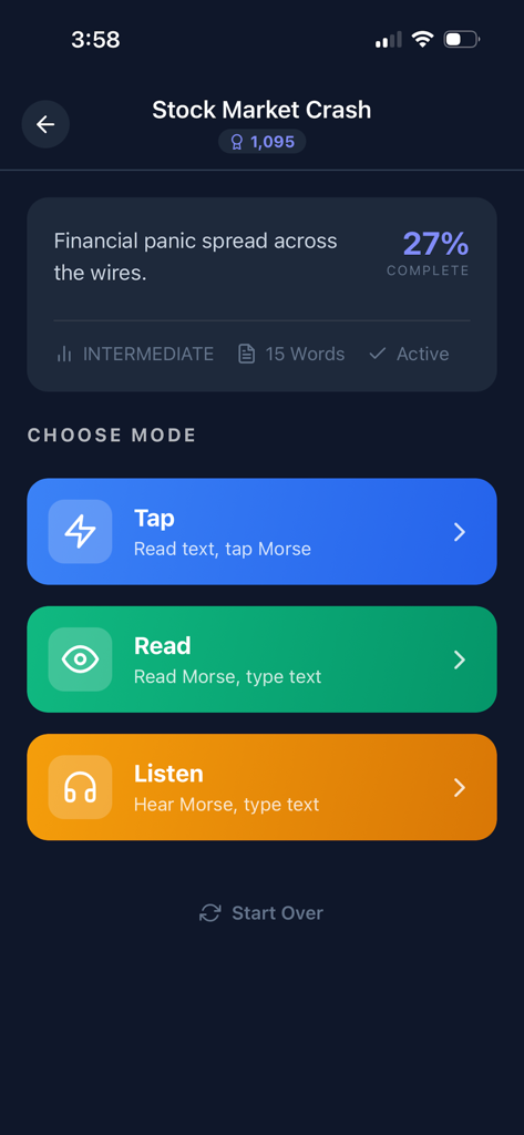 モールス解読アプリの画面。株式市場暴落の物語の「タップ」「読み取り」「リスニング」モードが表示されています。