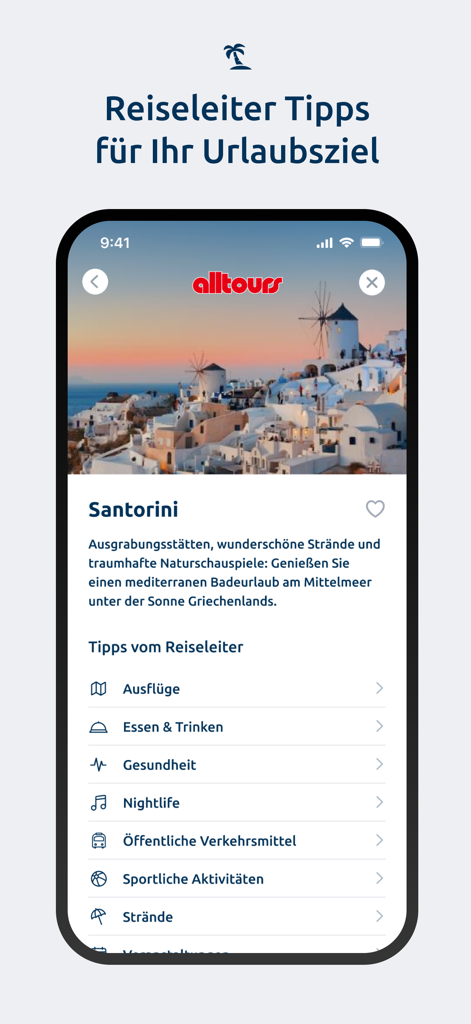 Mobile app screen showing travel guide tips for Santorini with categories for excursions dining and beaches