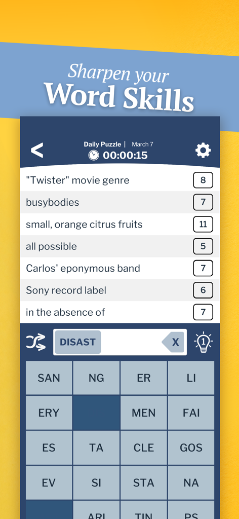 A screenshot of the 7 Little Words mobile game showing a daily word puzzle with text clues and letter blocks for solving.