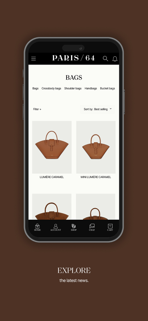 PARIS/64 - PARIS/64 app interface showing a selection of artisanal leather bags in caramel color