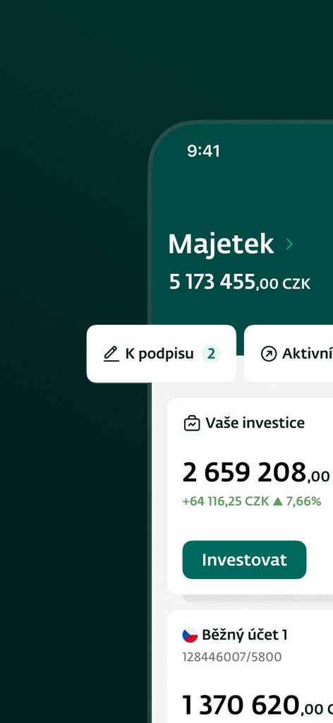 J&T Banka mobile app dashboard displaying total assets and investment performance in Czech Koruna