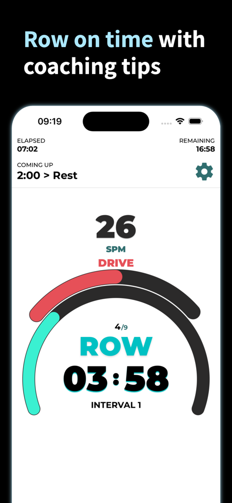 Rowing Machine Workouts - Rowing workout app interface showing strokes per minute and training timer