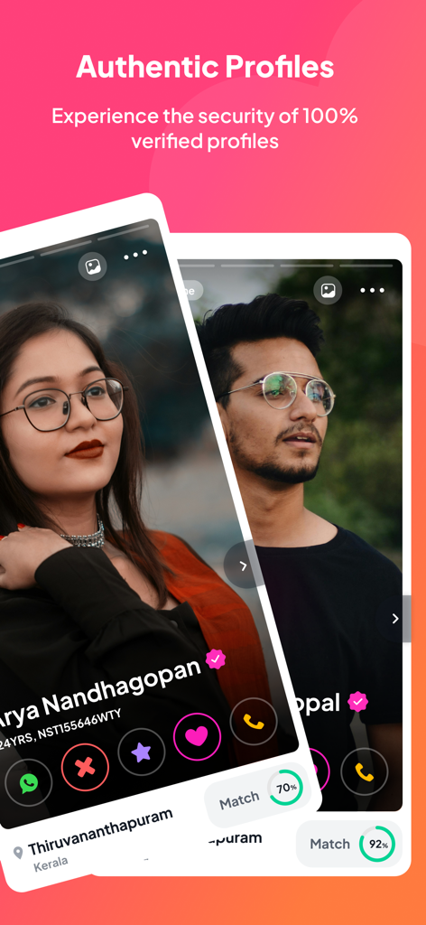 Interface of Nest Matrimony app showing verified user profiles and matching percentages