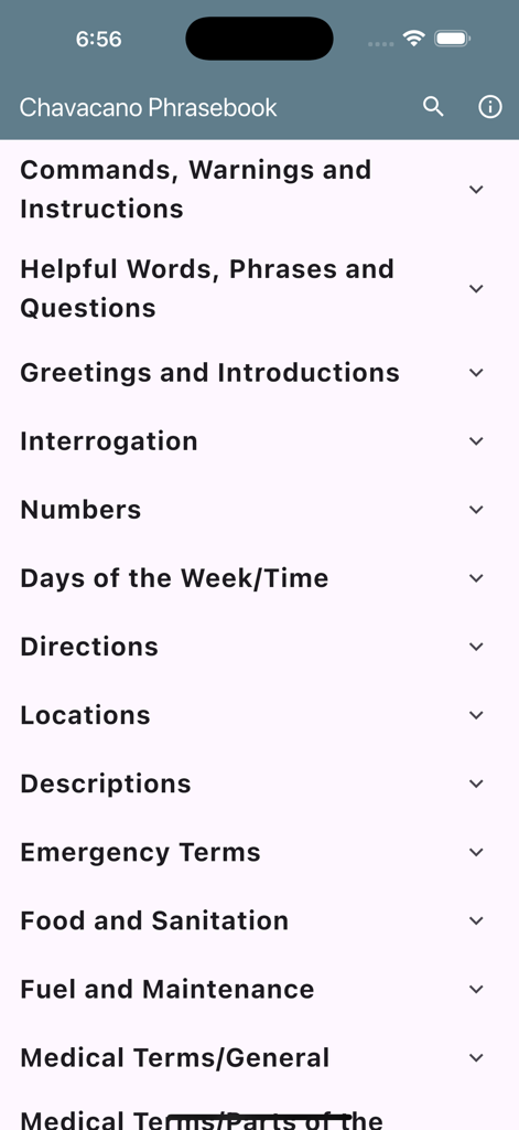 Chavacano Phrasebook - Main interface of the Chavacano Phrasebook app showing categories for military and general phrases