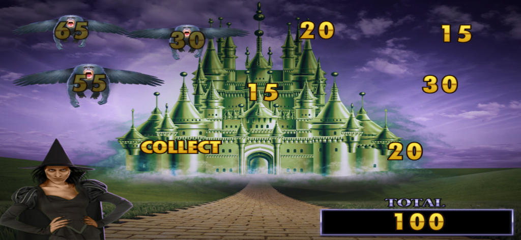 Bonus game screen in Oz 2 Slots featuring the emerald castle and flying monkeys