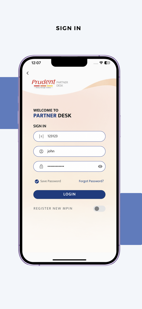 Prudent Partner Desk - Tela de login para o aplicativo móvel Prudent Partner Desk para intermediários financeiros