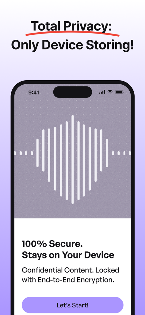 iMemo AI Note Taking & Summary - Screenshot of iMemo AI Note Taking app highlighting total privacy and secure on-device storage features.