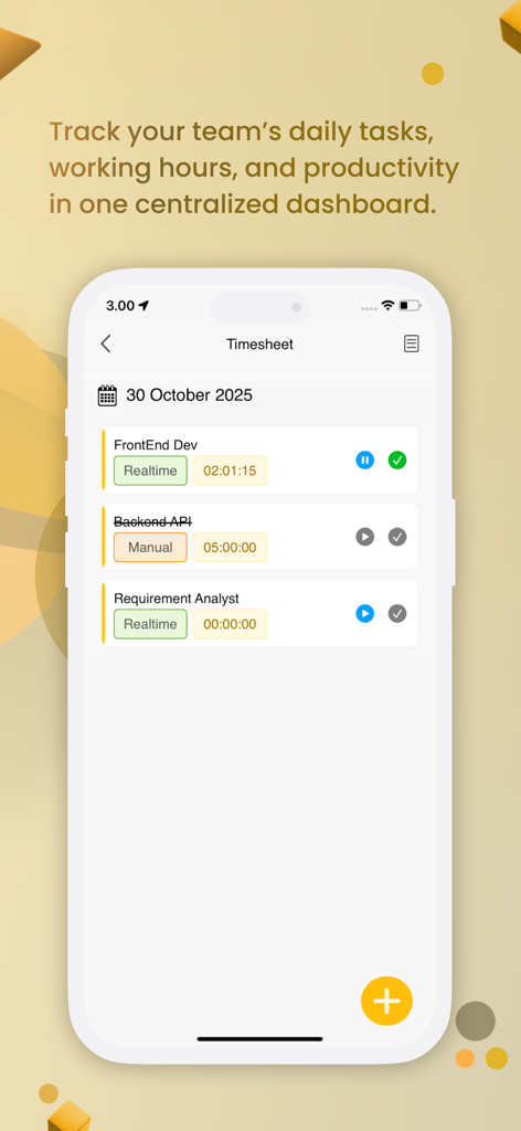 Hadirr mobile app screen displaying daily tasks and working hours in a centralized dashboard