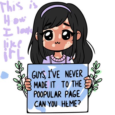 a girl holding up a sign that says, guys, i’ve never made it to the popular page, can you help me?