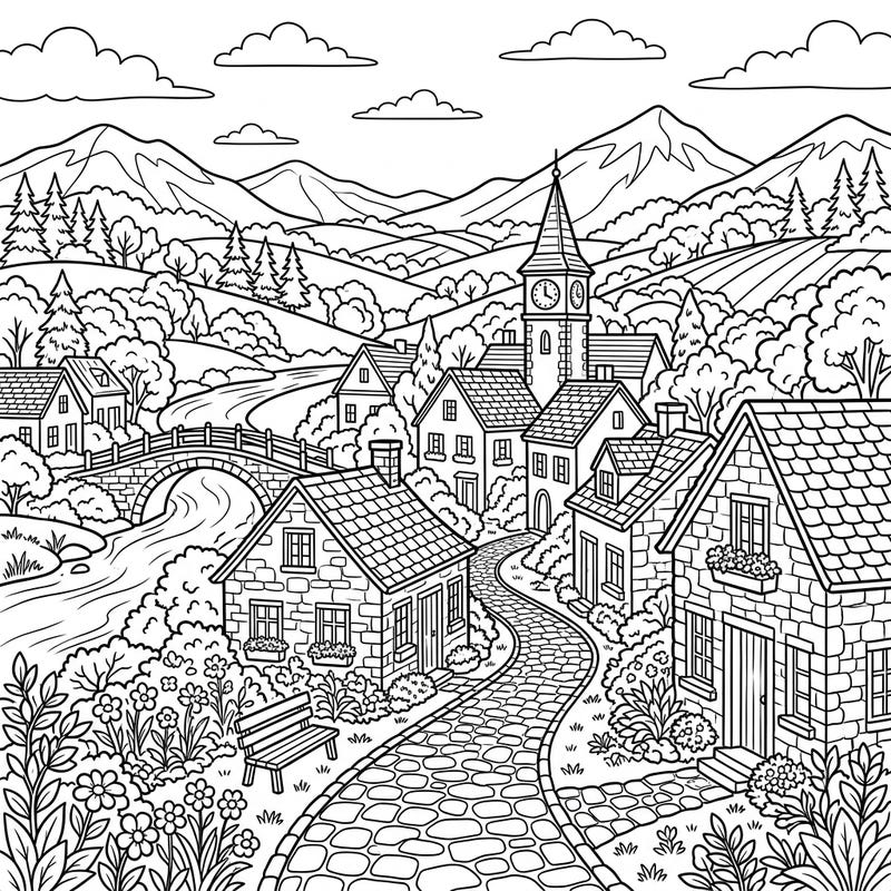 Immerse yourself in the tranquility of a beautiful village scene, designed specifically for seniors. This digital landscape coloring page offers clear, distinct outlines and a rich tapestry of nature and architecture.
