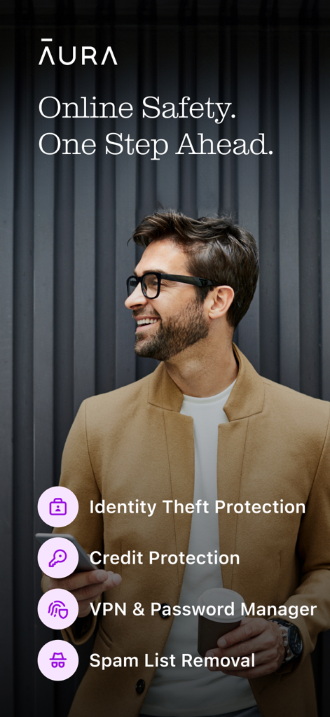 Aura app dashboard highlighting identity theft protection credit monitoring VPN and spam list removal features