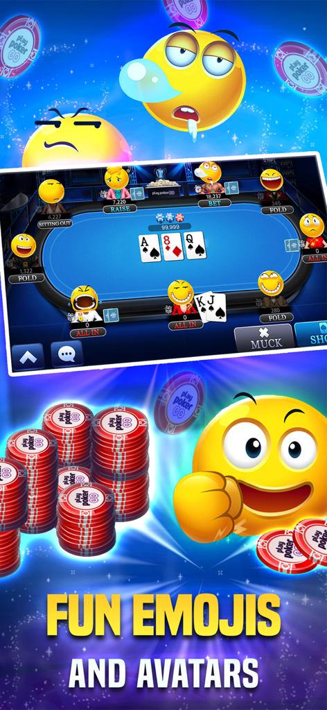 PlayPokerGO - Texas Hold’em - A Texas Holdem poker table in PlayPokerGO featuring fun emoji avatars and stacked chips