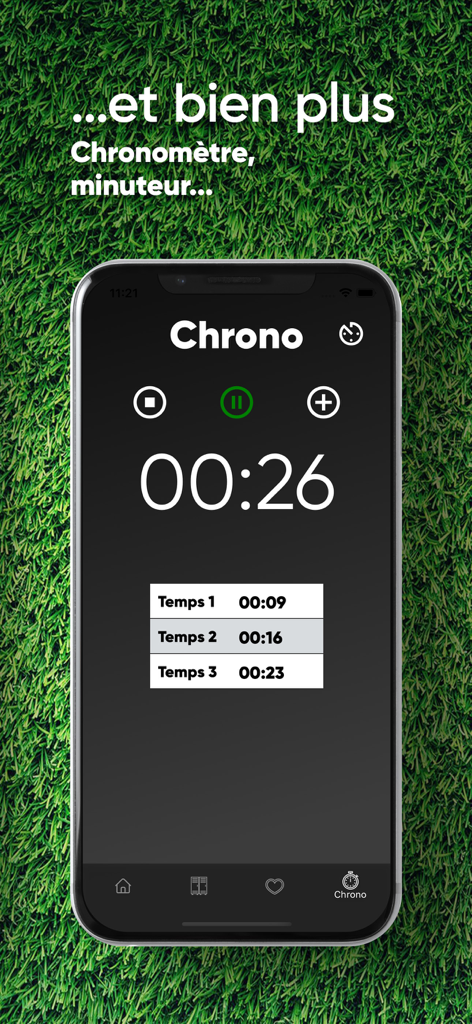 Accès EPS - Écran de smartphone montrant l'outil chronomètre de l'application Accès EPS sur fond d'herbe.