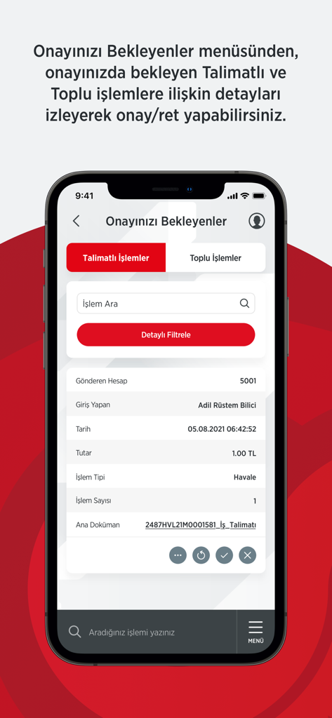 Ziraat Bankasi OPIモバイルアプリのインターフェース。承認待ちの法人取引リストが表示され、受け入れまたは拒否のオプションがあります。