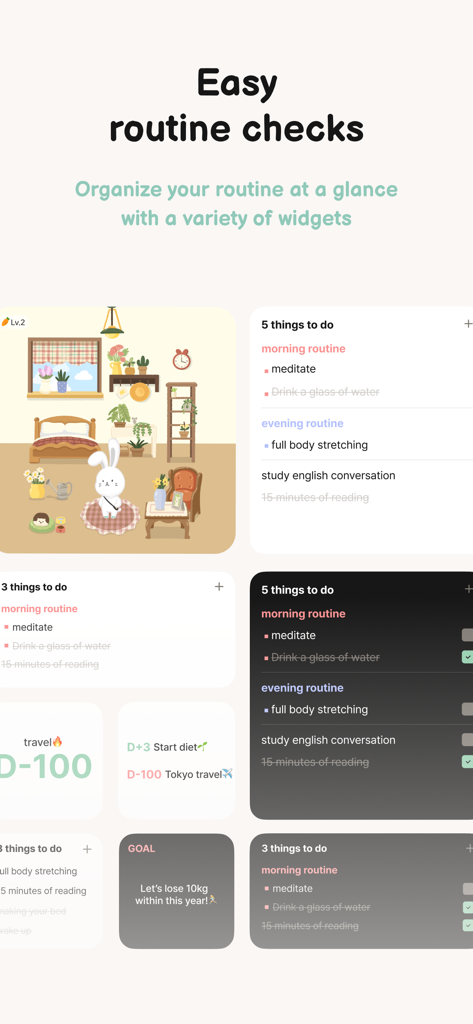 Roubit : Fun Routine Planner - Roubit 앱의 루틴 추적 및 목표 설정을 위한 미적이고 카와이한 위젯 모음