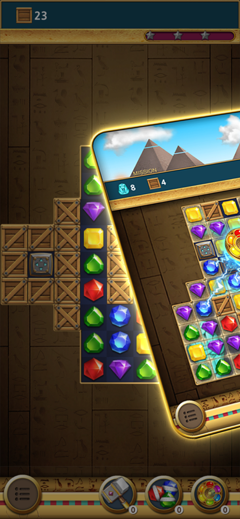 Jewels Pharaoh - Jugabilidad del puzzle Match-3 de Jewels Pharaoh con gemas coloridas y tema del Antiguo Egipto