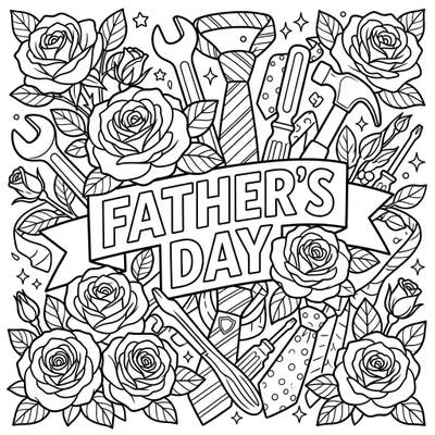 Celebrate the special men in your life with this heartwarming Father's Day coloring page, beautifully combining classic pink roses with symbols of a dad's handy work. It's the perfect activity to express your love and appreciation through creative colors.