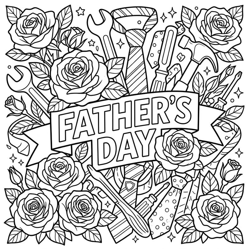 Celebrate the special men in your life with this heartwarming Father's Day coloring page, beautifully combining classic pink roses with symbols of a dad's handy work. It's the perfect activity to express your love and appreciation through creative colors.