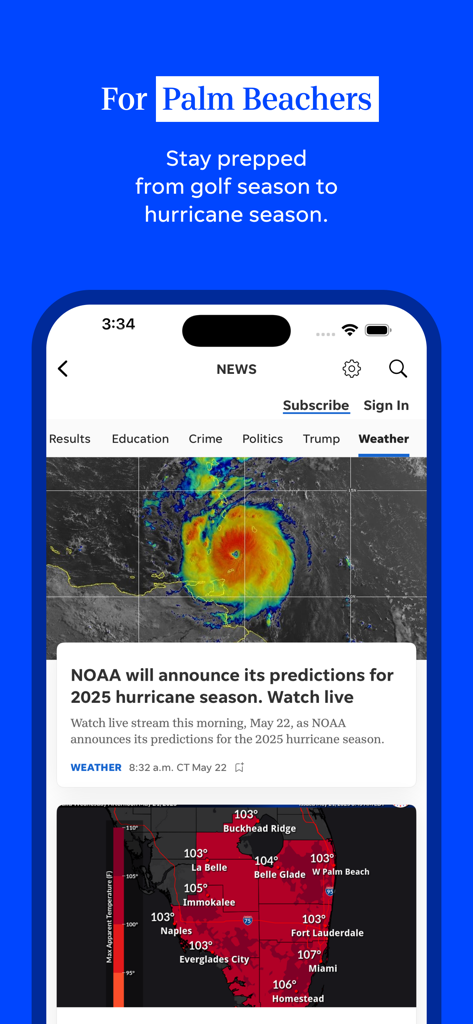 Palm Beach Post mobile app displaying local hurricane season news and a Florida temperature map.