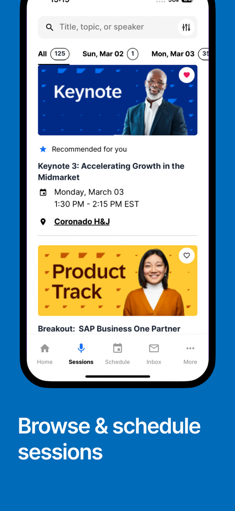 SAP Partner Summit Midmarket - Mobile application interface showing the schedule and session details for the SAP Partner Summit Midmarket.