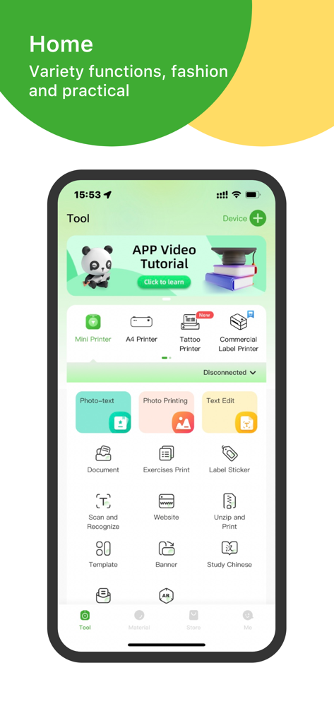 PeriPage - PeriPage mobile app home screen showing various printing tools including photo printing and label stickers