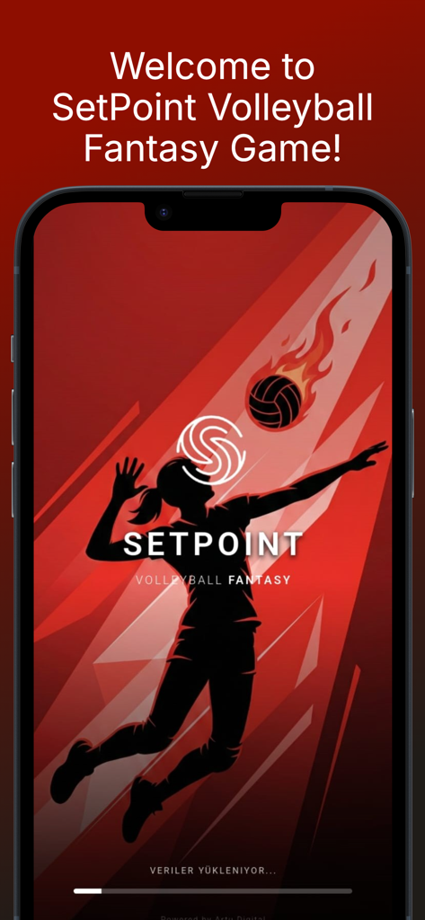 Pantalla de bienvenida de la aplicación SetPoint Volleyball Fantasy con la silueta de una jugadora y una pelota de voleibol llameante
