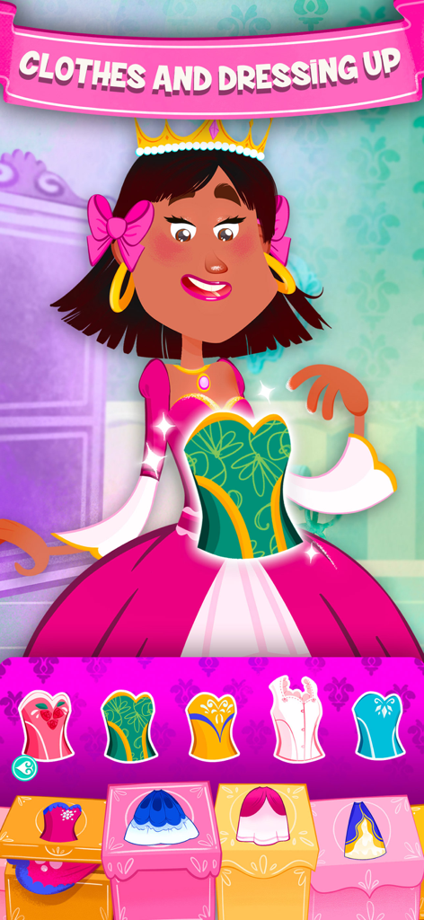 Un personaje de princesa siendo peinado con varias opciones de vestidos y ropa en un juego de cambio de imagen