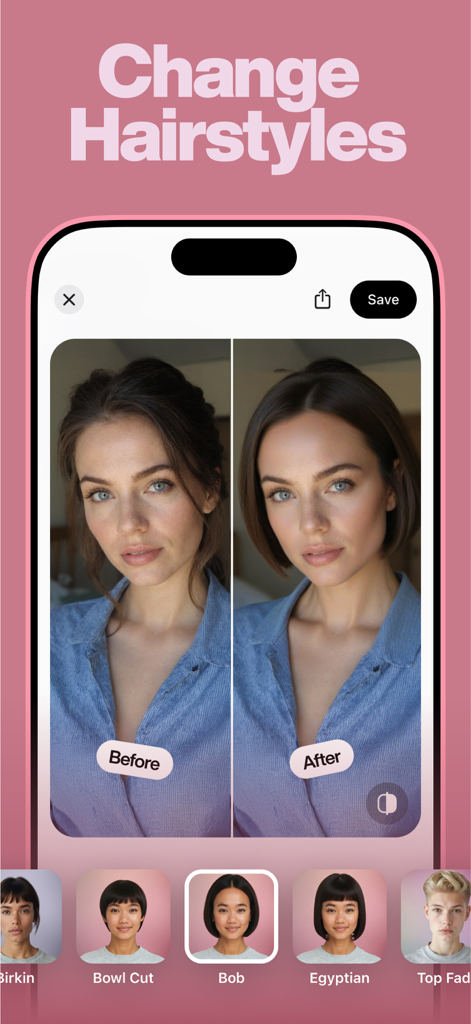 reshoot: AI Face & Hair Editor - Before and after comparison of a woman changing her hairstyle to a short bob using the reshoot AI hair editor app.