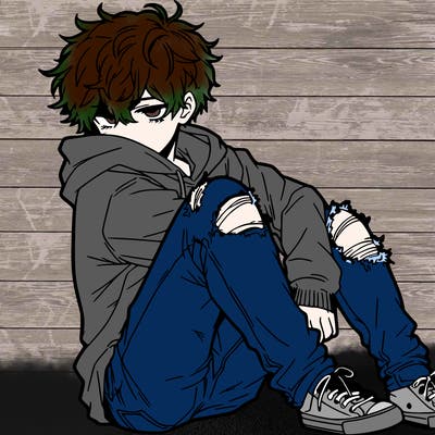 a male hoddie ripped jeans messy hair anime