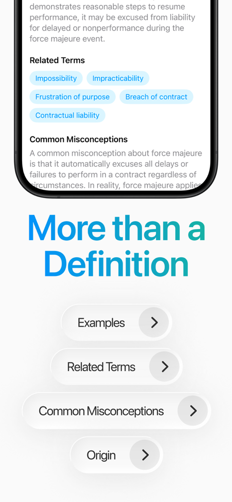 Interface of the Legal Terms app showing related terms and common misconceptions for legal terminology