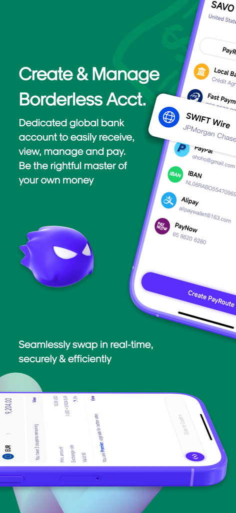 Interfaz de la aplicación SAVO Wallet mostrando la gestión de cuentas bancarias sin fronteras y métodos de pago internacionales
