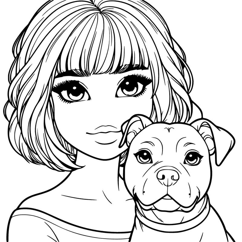 a realistic girl with a pit bull dog and short hair