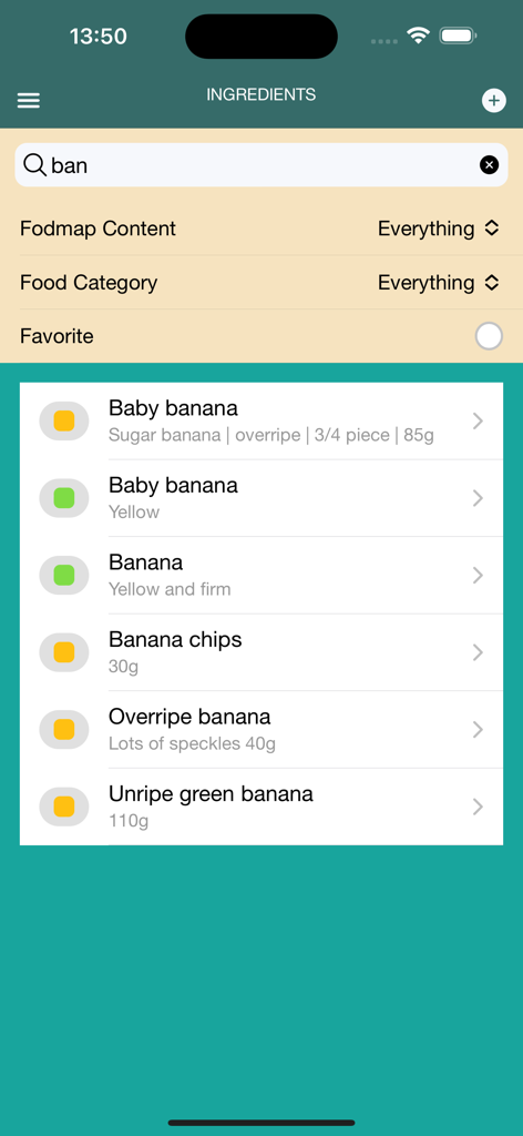 Pantalla de la aplicación Fodmap 2.0 que muestra los resultados de la búsqueda de plátano con indicadores dietéticos codificados por colores.