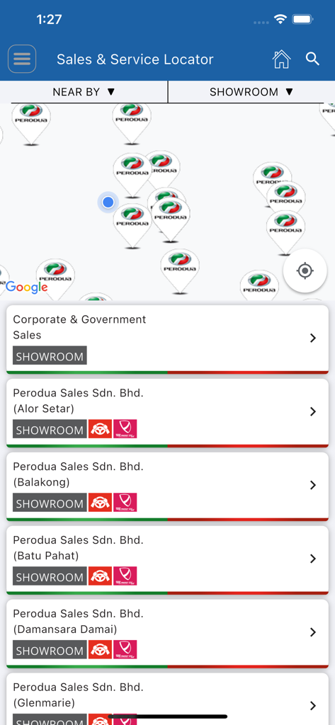 UFirst Perodua Passport - 지도와 판매 및 서비스 센터 위치 목록을 보여주는 Perodua UFirst 앱