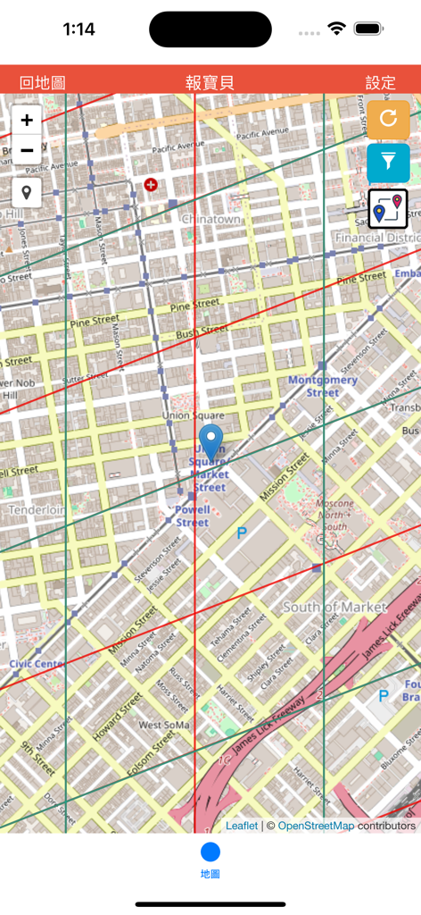 FindPoke app screenshot showing a detailed urban map with grid lines and a blue location pin for tracking Pokemon GO spawns.