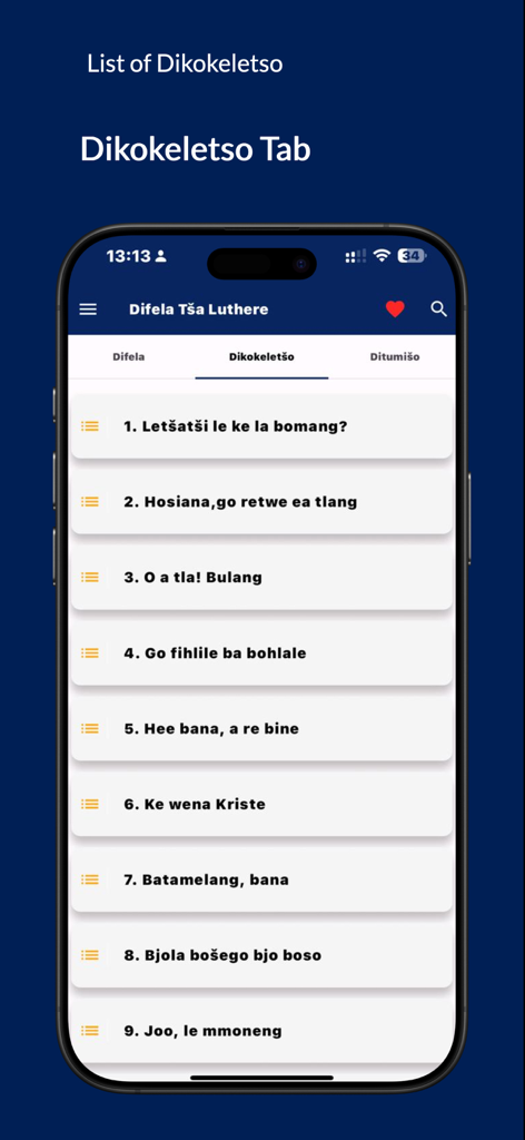 Difela Tša Luthere SA - Mobile app interface showing a numbered list of Sepedi Lutheran hymns under the Dikokeletso tab
