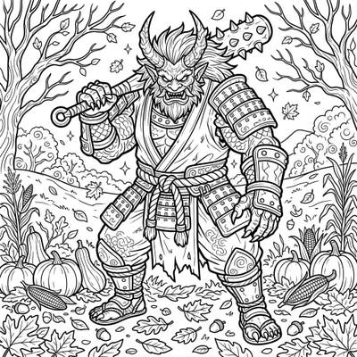 Unleash your creativity with this striking coloring page featuring a powerful Oni demon set against a beautiful autumn backdrop. Explore the intricate details of Japanese folklore mixed with the cozy charm of the fall season in one captivating design.