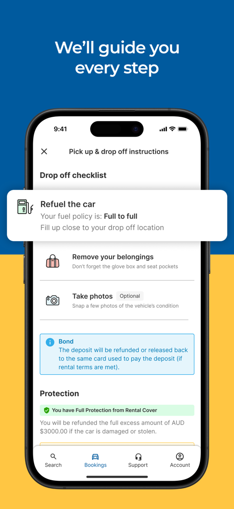 주유 지침 및 렌터카 보호 세부 정보가 포함된 반납 체크리스트를 표시하는 공항 렌터카 앱의 모바일 화면