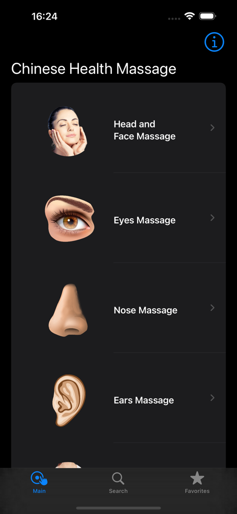Pantalla principal de la aplicación Masaje de Salud Chino que enumera las categorías de automasaje para cabeza, ojos, nariz y oídos