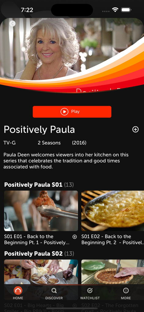 iFood.tv video recipes - Interface of the iFood.tv app showing episodes of the Positively Paula cooking show featuring home recipes and seasons.